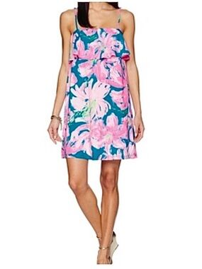 Lilly Pulitzer Annastasha Teal and Pink Floral Ruffle Swing Dress